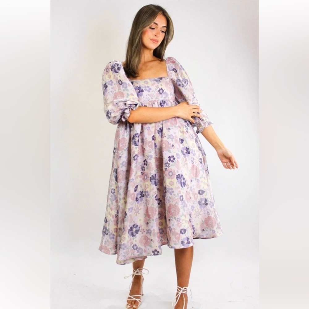 Millennial Pink Purple/pink floral babydoll puff sleeve midi dress